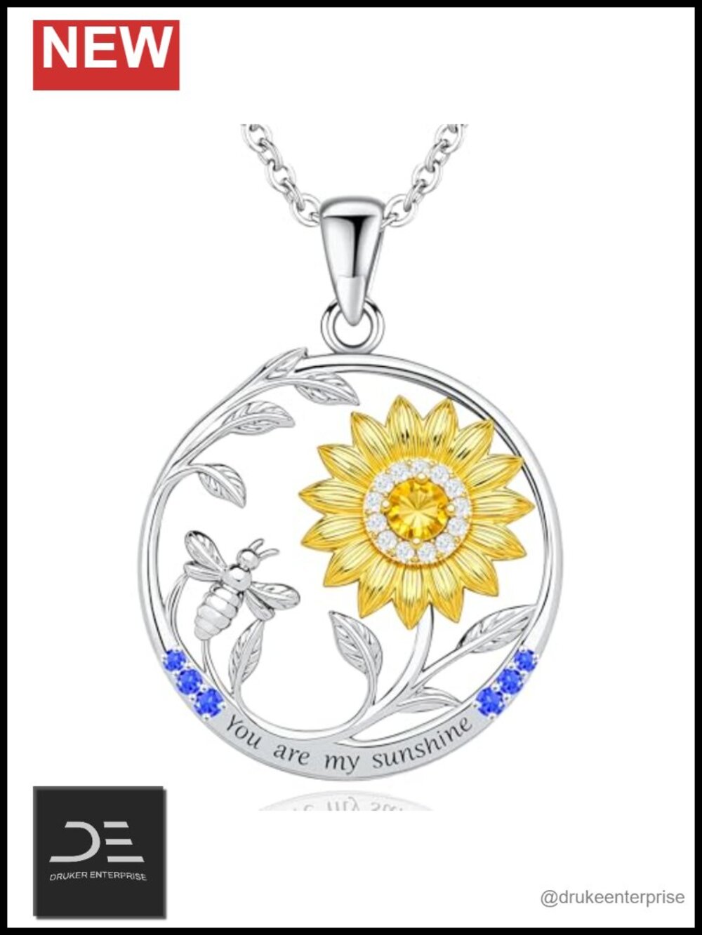 Sunflower Birthstone Necklace - You Are My Sunshine Pendant - Tanzanite Silver